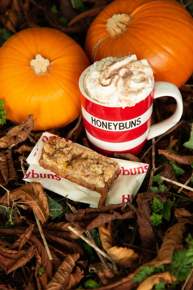 Pumpkins with mug hot chocolate and Honeybuns cake
