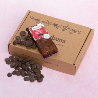 Brownie and chocolate drops on a mini gift box