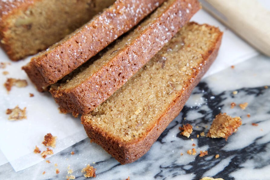 Slices of banana bread on marble worktop