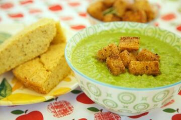 Cornbread with bowl of soup and croutons