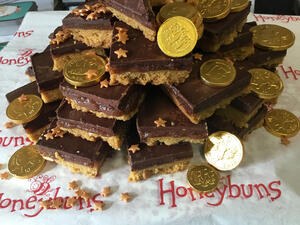 Stack of Millioaires Shortbread decorated with chocolate coins